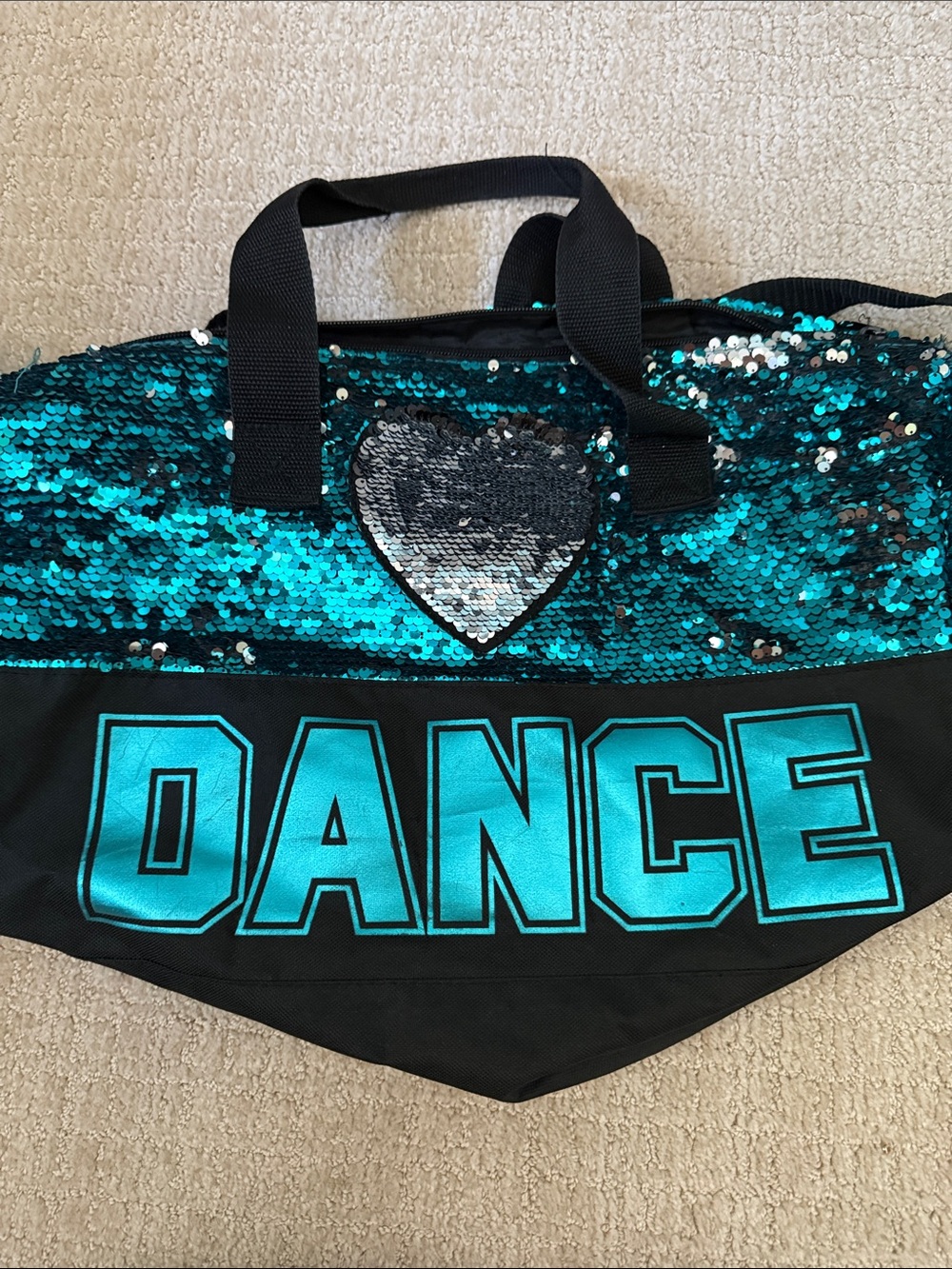 Sequin Heart Dance Tote Bag in Teal and Black